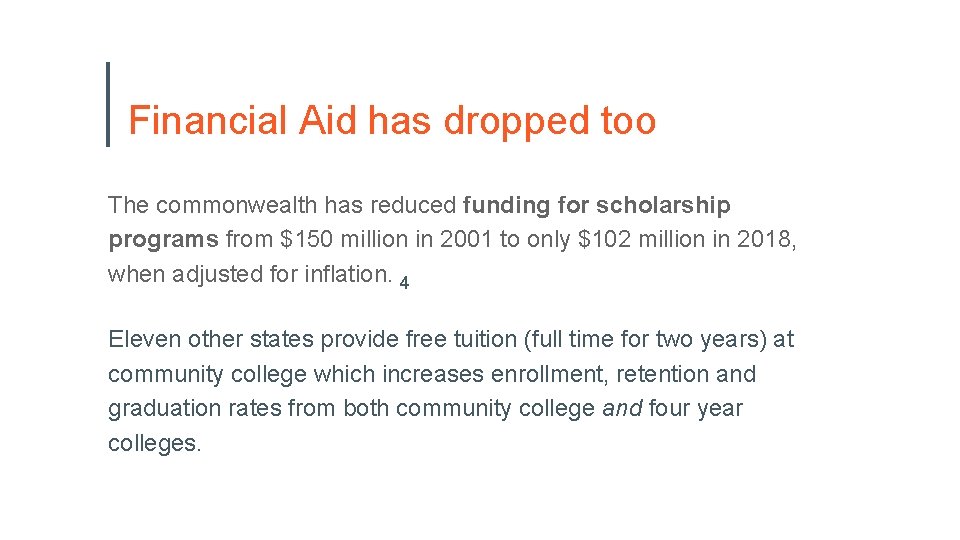 Financial Aid has dropped too The commonwealth has reduced funding for scholarship programs from