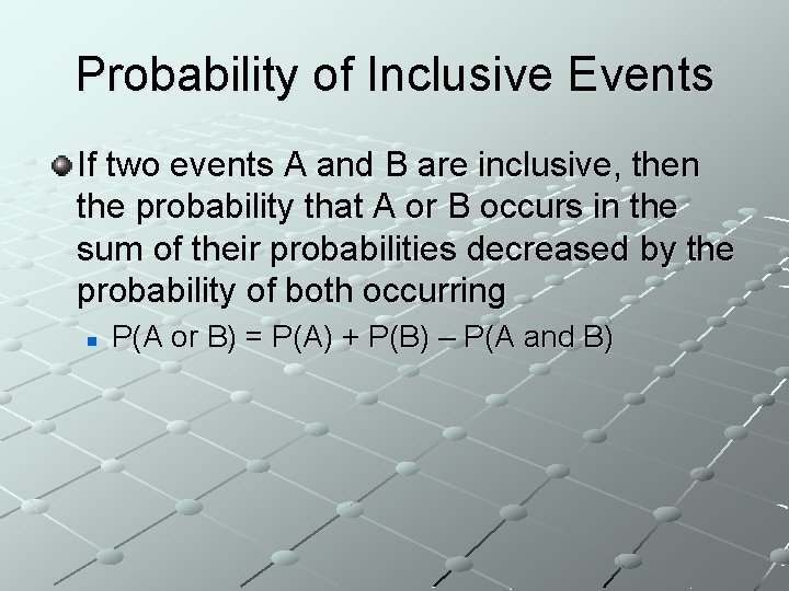 Probability of Inclusive Events If two events A and B are inclusive, then the