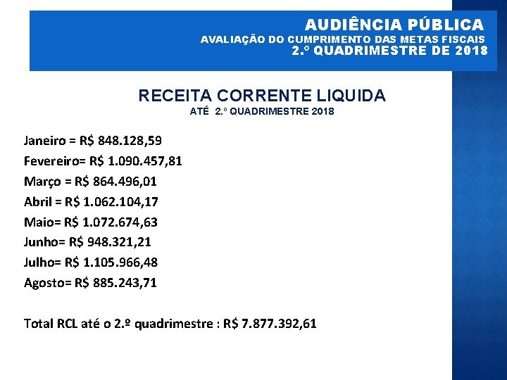 AUDIÊNCIA PÚBLICA AVALIAÇÃO DO CUMPRIMENTO DAS METAS FISCAIS 2. º QUADRIMESTRE DE 2018 RECEITA