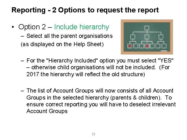 Reporting - 2 Options to request the report • Option 2 – Include hierarchy