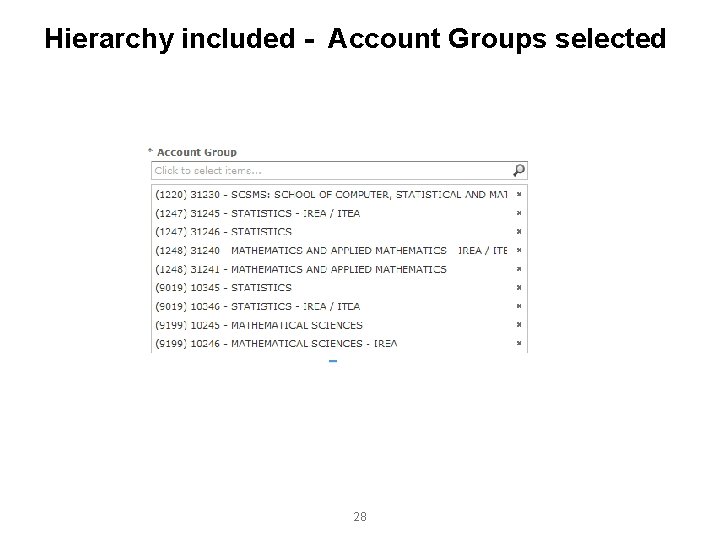 Hierarchy included - Account Groups selected 28 