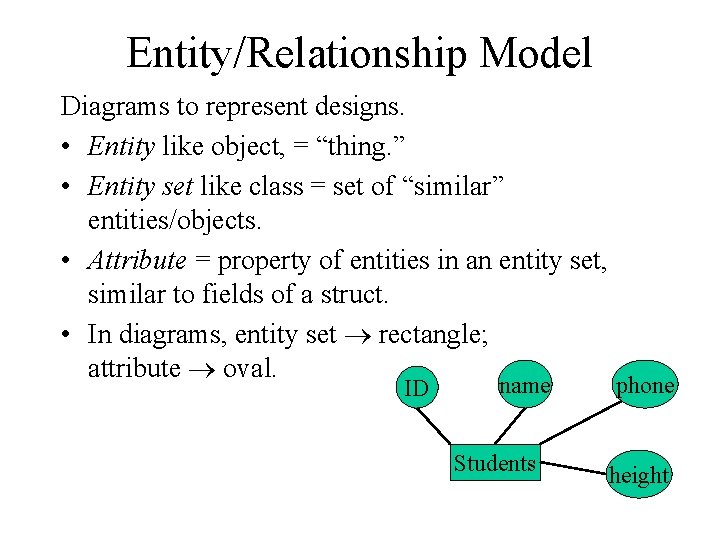Entity/Relationship Model Diagrams to represent designs. • Entity like object, = “thing. ” •