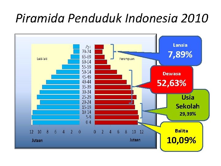 Piramida Penduduk Indonesia 2010 Lansia 7, 89% Dewasa 52, 63% Usia Sekolah 29, 39%