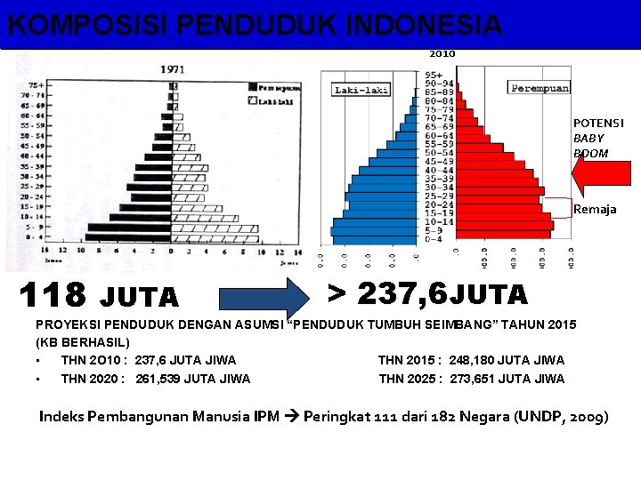 KOMPOSISI PENDUDUK INDONESIA 2010 POTENSI BABY BOOM Remaja 118 JUTA > 237, 6 JUTA