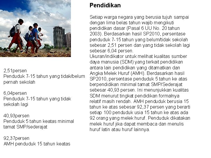 Pendidikan Setiap warga negara yang berusia tujuh sampai dengan lima belas tahun wajib mengikuti