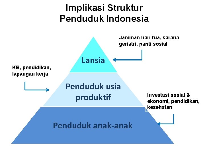 Implikasi Struktur Penduduk Indonesia Jaminan hari tua, sarana geriatri, panti sosial KB, pendidikan, lapangan