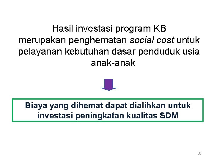 Hasil investasi program KB merupakan penghematan social cost untuk pelayanan kebutuhan dasar penduduk usia