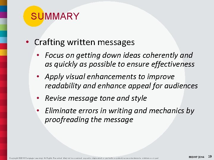 SUMMARY • Crafting written messages • Focus on getting down ideas coherently and as
