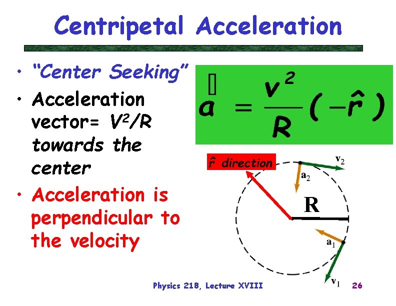 Centripetal Acceleration • “Center Seeking” • Acceleration vector= V 2/R towards the center •