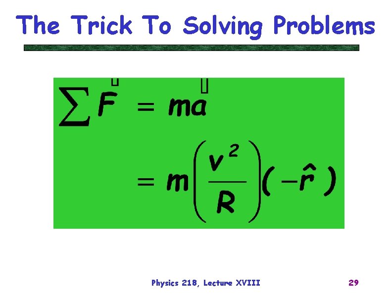 The Trick To Solving Problems Physics 218, Lecture XVIII 29 
