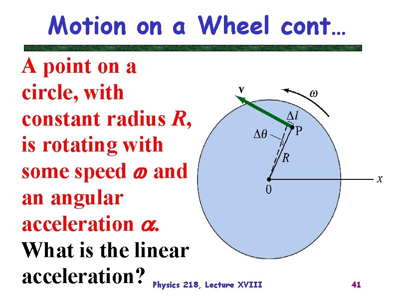 Motion on a Wheel cont… A point on a circle, with constant radius R,