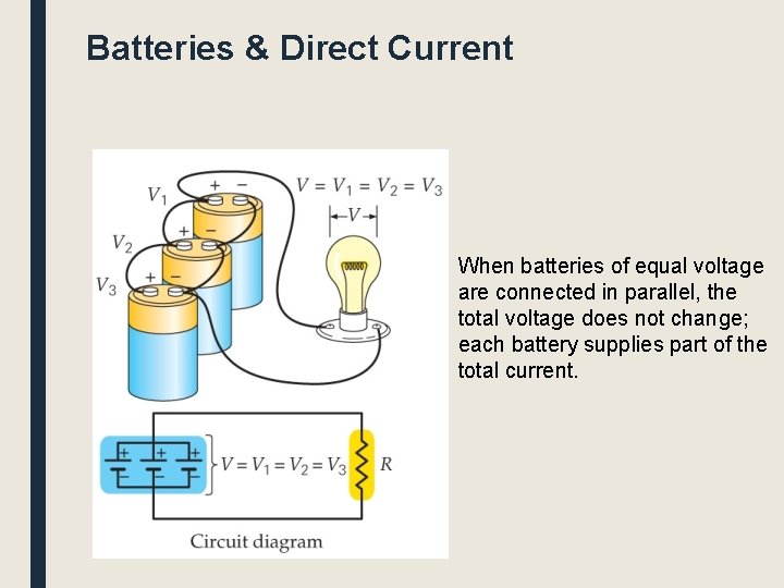 Batteries & Direct Current When batteries of equal voltage are connected in parallel, the