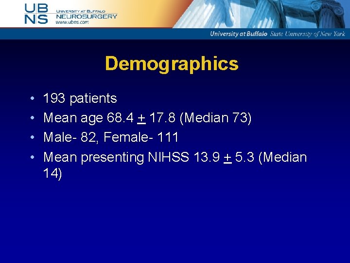 Demographics • • 193 patients Mean age 68. 4 + 17. 8 (Median 73)
