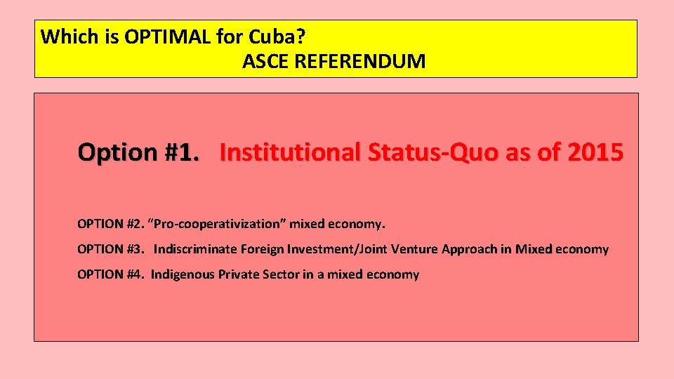 Which is OPTIMAL for Cuba? ASCE REFERENDUM Option #1. Institutional Status-Quo as of 2015