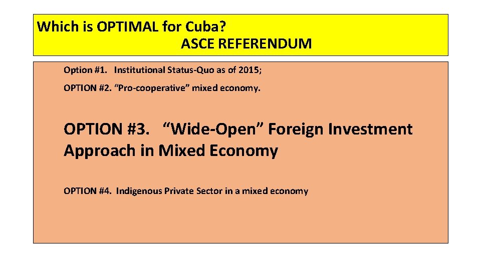 Which is OPTIMAL for Cuba? ASCE REFERENDUM Option #1. Institutional Status-Quo as of 2015;