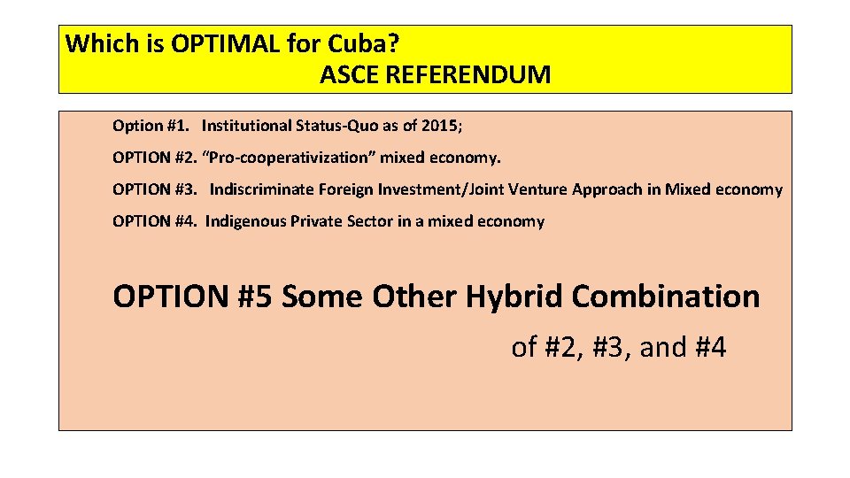 Which is OPTIMAL for Cuba? ASCE REFERENDUM Option #1. Institutional Status-Quo as of 2015;