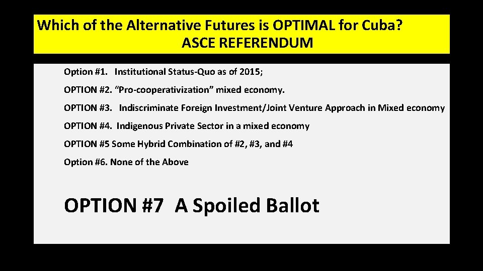 Which of the Alternative Futures is OPTIMAL for Cuba? ASCE REFERENDUM Option #1. Institutional