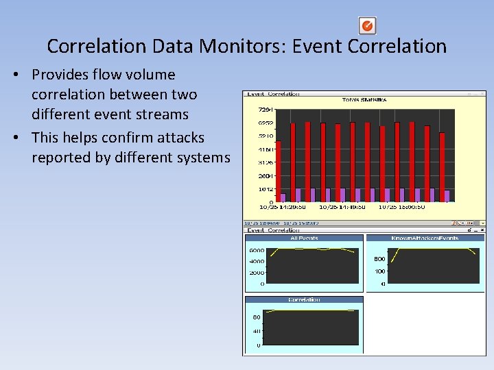 Correlation Data Monitors: Event Correlation • Provides flow volume correlation between two different event Correlation Data Monitors: Event Correlation • Provides flow volume correlation between two different event