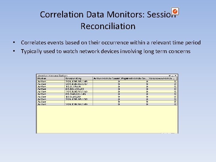 Correlation Data Monitors: Session Reconciliation • Correlates events based on their occurrence within a Correlation Data Monitors: Session Reconciliation • Correlates events based on their occurrence within a