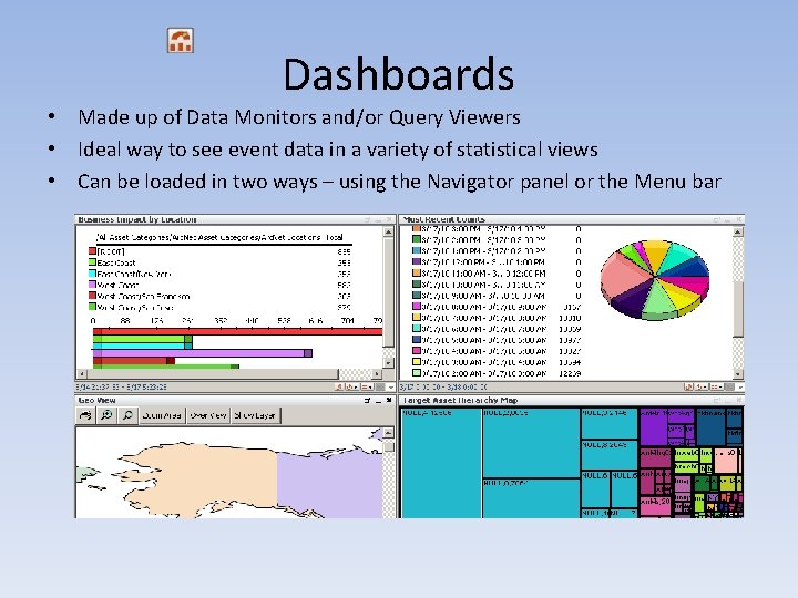 Dashboards • Made up of Data Monitors and/or Query Viewers • Ideal way to Dashboards • Made up of Data Monitors and/or Query Viewers • Ideal way to