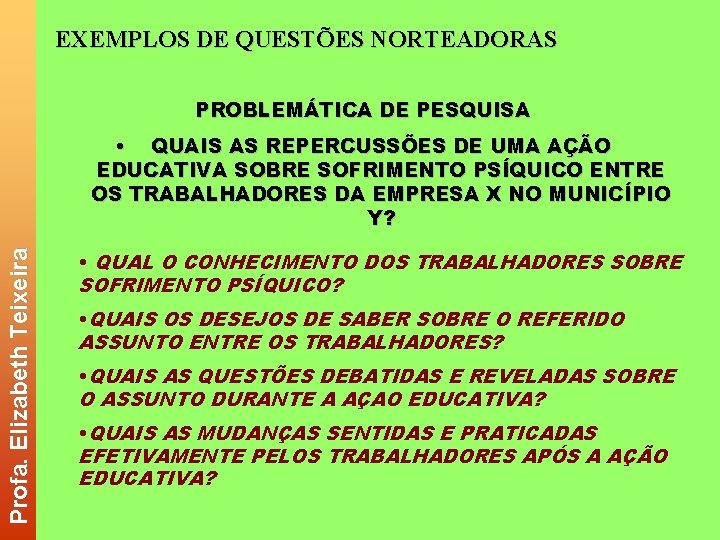 EXEMPLOS DE QUESTÕES NORTEADORAS PROBLEMÁTICA DE PESQUISA Profa. Elizabeth Teixeira • QUAIS AS REPERCUSSÕES