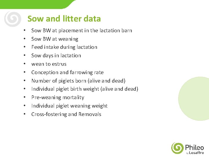 Sow and litter data • • • Sow BW at placement in the lactation
