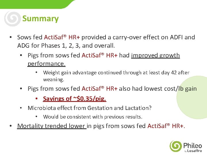 Summary • Sows fed Acti. Saf® HR+ provided a carry-over effect on ADFI and