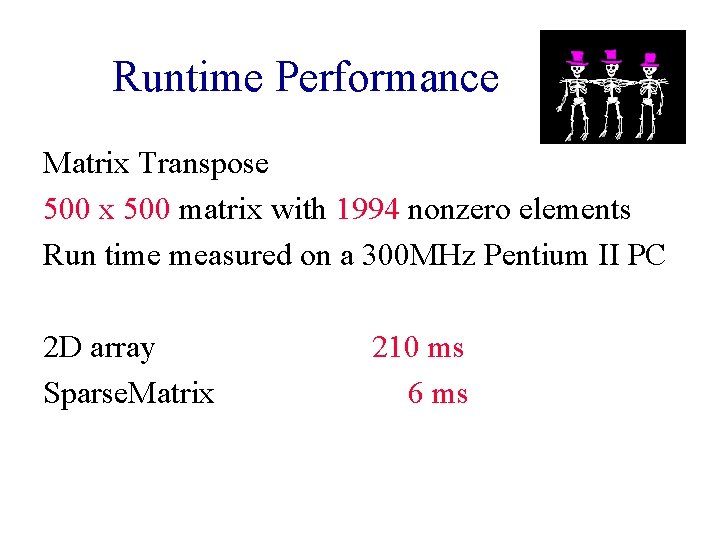 Runtime Performance Matrix Transpose 500 x 500 matrix with 1994 nonzero elements Run time Runtime Performance Matrix Transpose 500 x 500 matrix with 1994 nonzero elements Run time