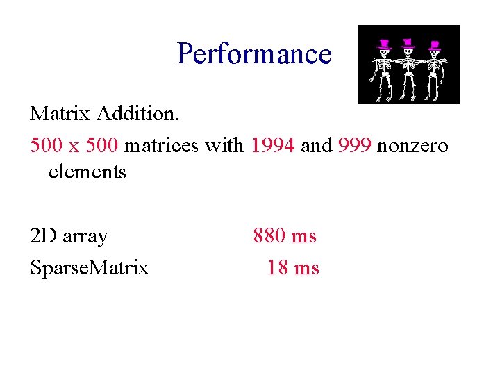Performance Matrix Addition. 500 x 500 matrices with 1994 and 999 nonzero elements 2 Performance Matrix Addition. 500 x 500 matrices with 1994 and 999 nonzero elements 2