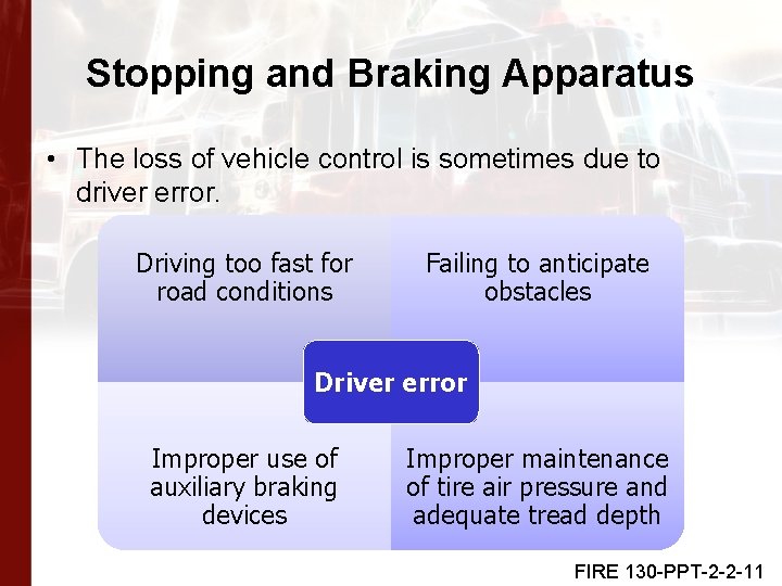 Stopping and Braking Apparatus • The loss of vehicle control is sometimes due to