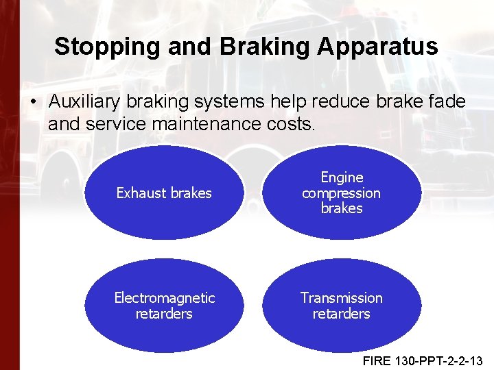 Stopping and Braking Apparatus • Auxiliary braking systems help reduce brake fade and service