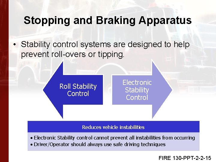 Stopping and Braking Apparatus • Stability control systems are designed to help prevent roll-overs