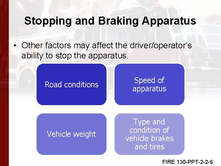 Stopping and Braking Apparatus • Other factors may affect the driver/operator’s ability to stop