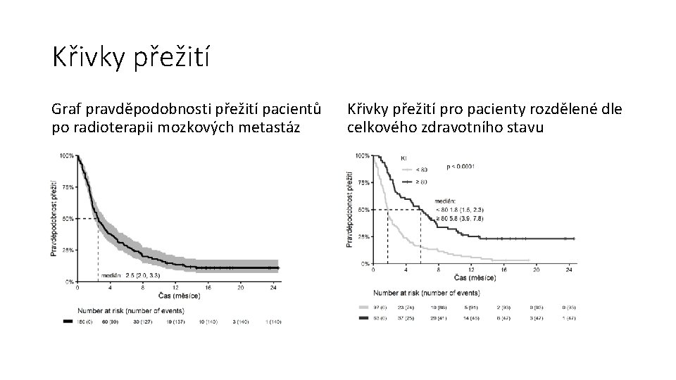 Křivky přežití Graf pravděpodobnosti přežití pacientů po radioterapii mozkových metastáz Křivky přežití pro pacienty