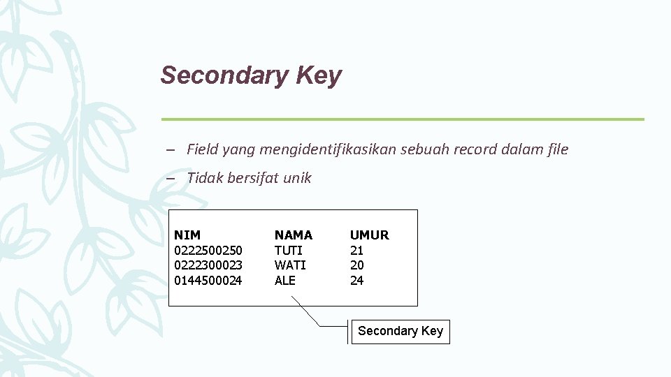Secondary Key – Field yang mengidentifikasikan sebuah record dalam file – Tidak bersifat unik