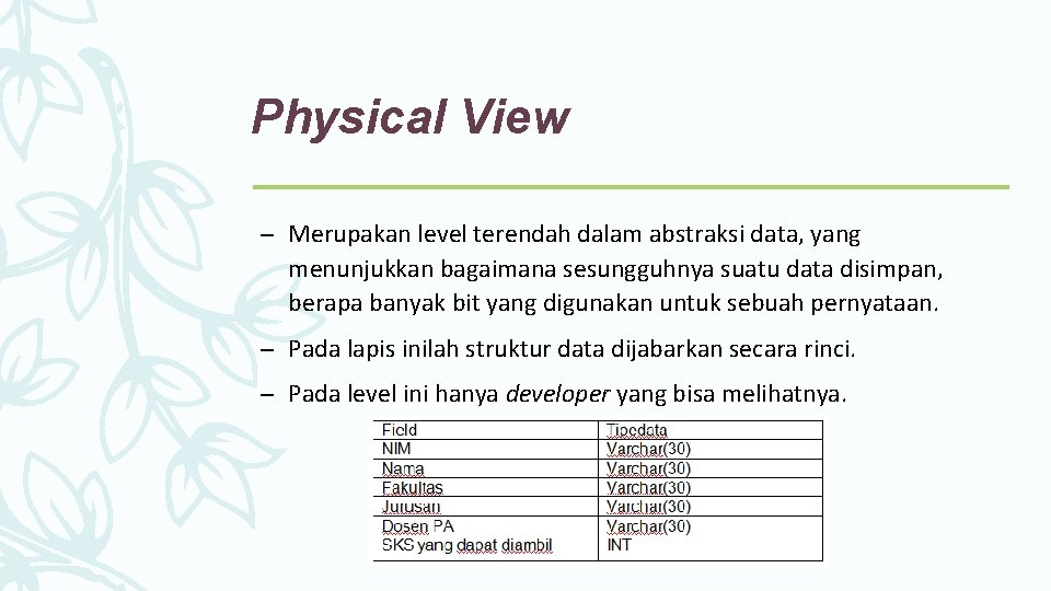 Physical View – Merupakan level terendah dalam abstraksi data, yang menunjukkan bagaimana sesungguhnya suatu