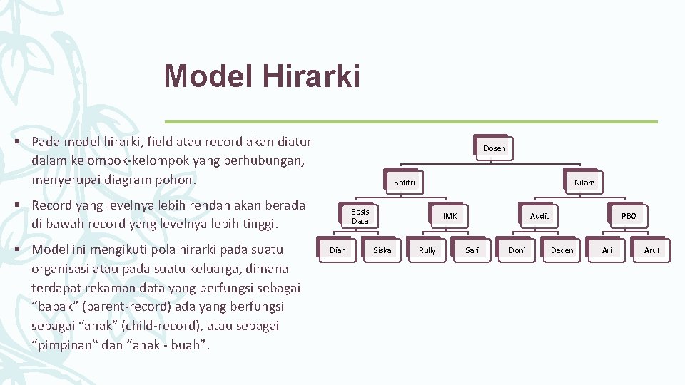 Model Hirarki § Pada model hirarki, field atau record akan diatur dalam kelompok-kelompok yang