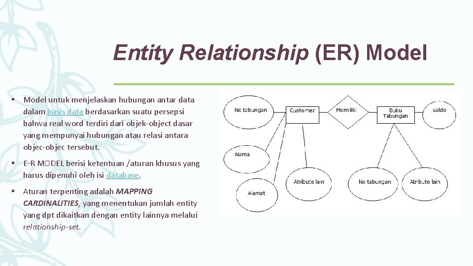 Entity Relationship (ER) Model § Model untuk menjelaskan hubungan antar data dalam basis data