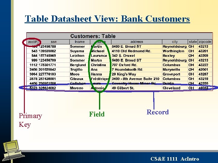 Table Datasheet View: Bank Customers Primary Key Field Record CS&E 1111 Ac. Intro Table Datasheet View: Bank Customers Primary Key Field Record CS&E 1111 Ac. Intro