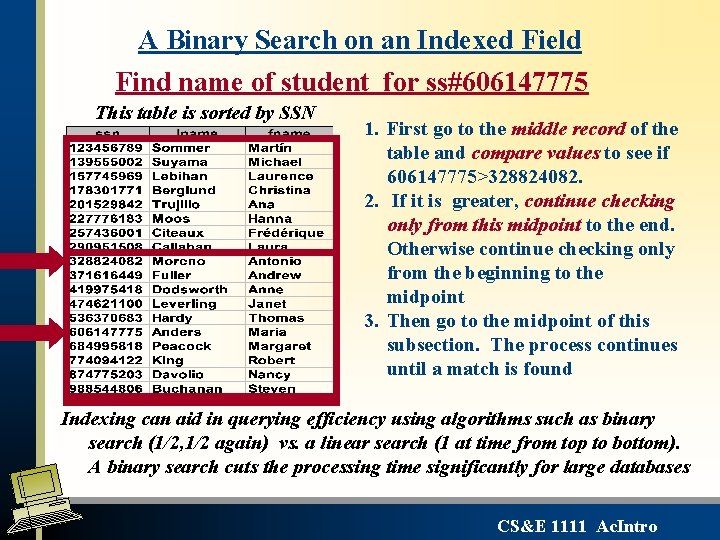 A Binary Search on an Indexed Field Find name of student for ss#606147775 This A Binary Search on an Indexed Field Find name of student for ss#606147775 This