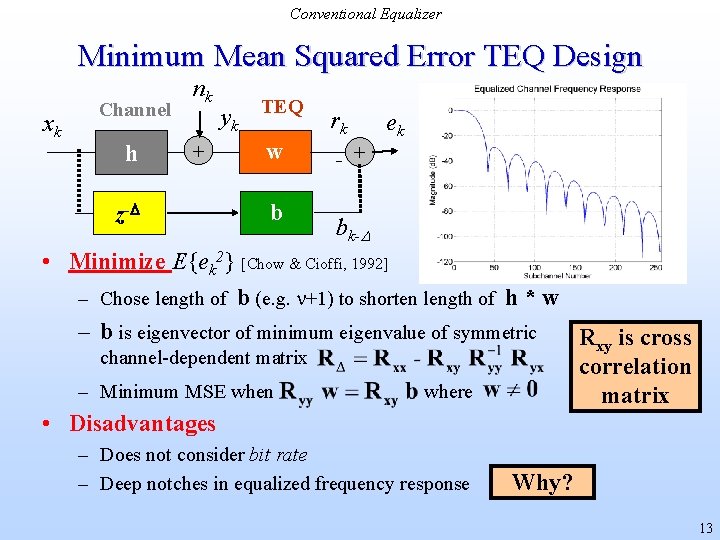 Conventional Equalizer Minimum Mean Squared Error TEQ Design xk Channel h z- nk +