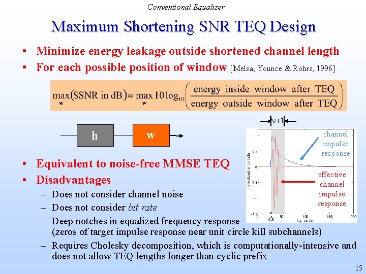 Conventional Equalizer Maximum Shortening SNR TEQ Design • Minimize energy leakage outside shortened channel