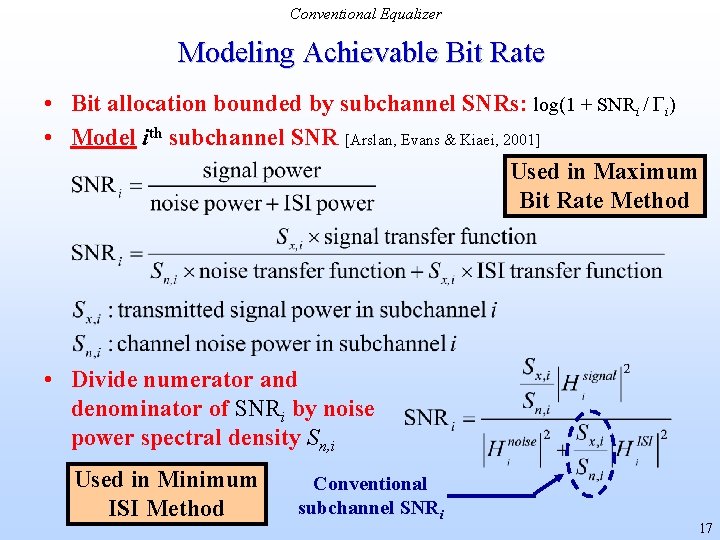 Conventional Equalizer Modeling Achievable Bit Rate • Bit allocation bounded by subchannel SNRs: log(1