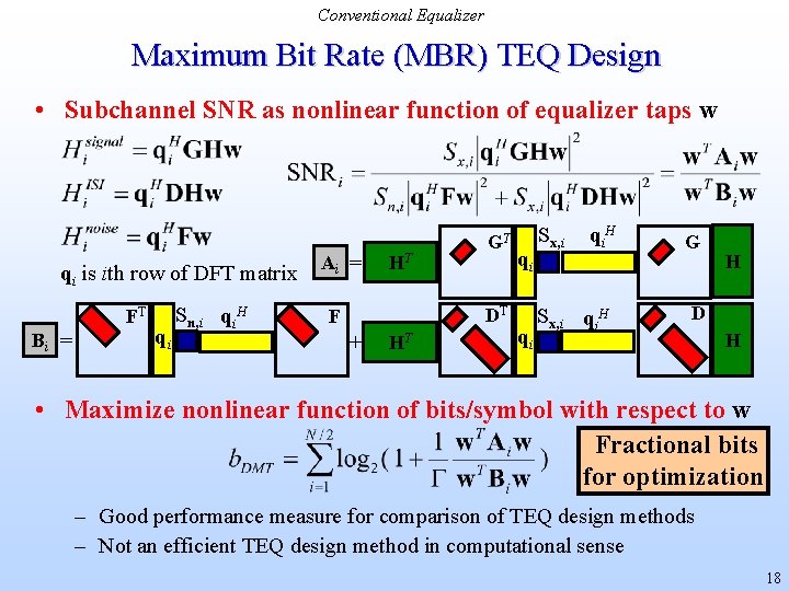 Conventional Equalizer Maximum Bit Rate (MBR) TEQ Design • Subchannel SNR as nonlinear function