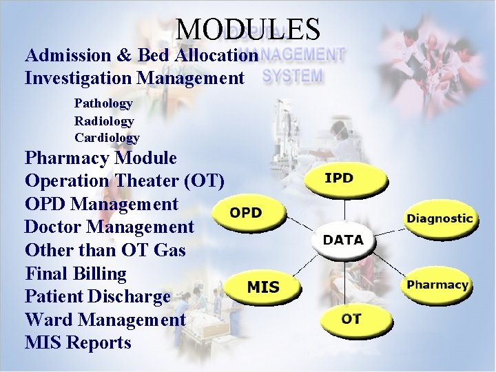 MODULES Admission & Bed Allocation Investigation Management Pathology Radiology Cardiology Pharmacy Module Operation Theater