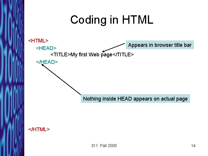 Coding in HTML <HTML> Appears in browser title bar <HEAD> <TITLE>My first Web page</TITLE>