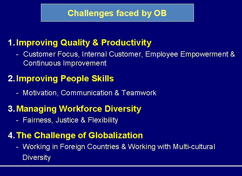 Challenges faced by OB 1. Improving Quality & Productivity - Customer Focus, Internal Customer, Challenges faced by OB 1. Improving Quality & Productivity - Customer Focus, Internal Customer,