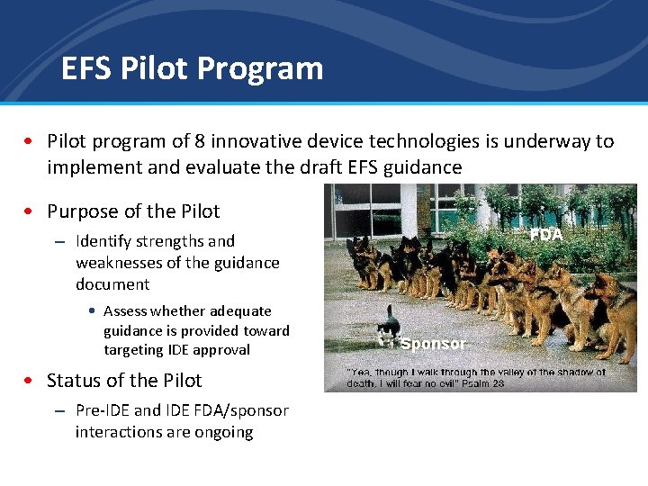 EFS Pilot Program • Pilot program of 8 innovative device technologies is underway to