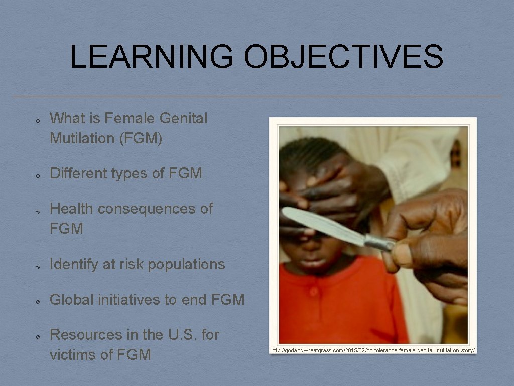 LEARNING OBJECTIVES What is Female Genital Mutilation (FGM) Different types of FGM Health consequences