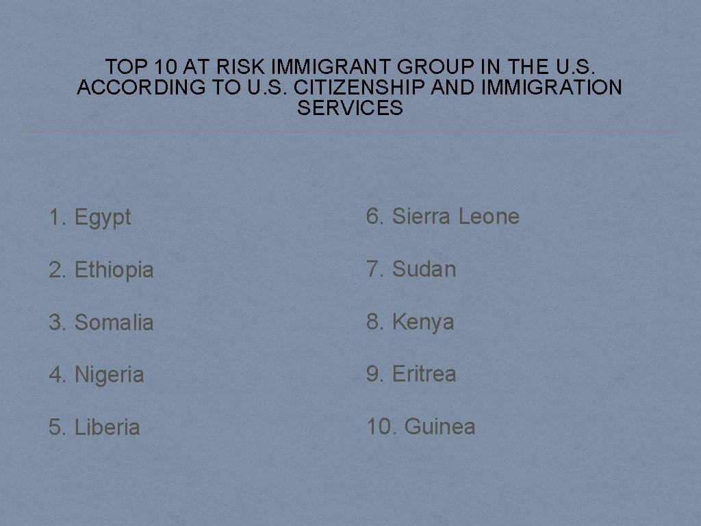 TOP 10 AT RISK IMMIGRANT GROUP IN THE U. S. ACCORDING TO U. S.